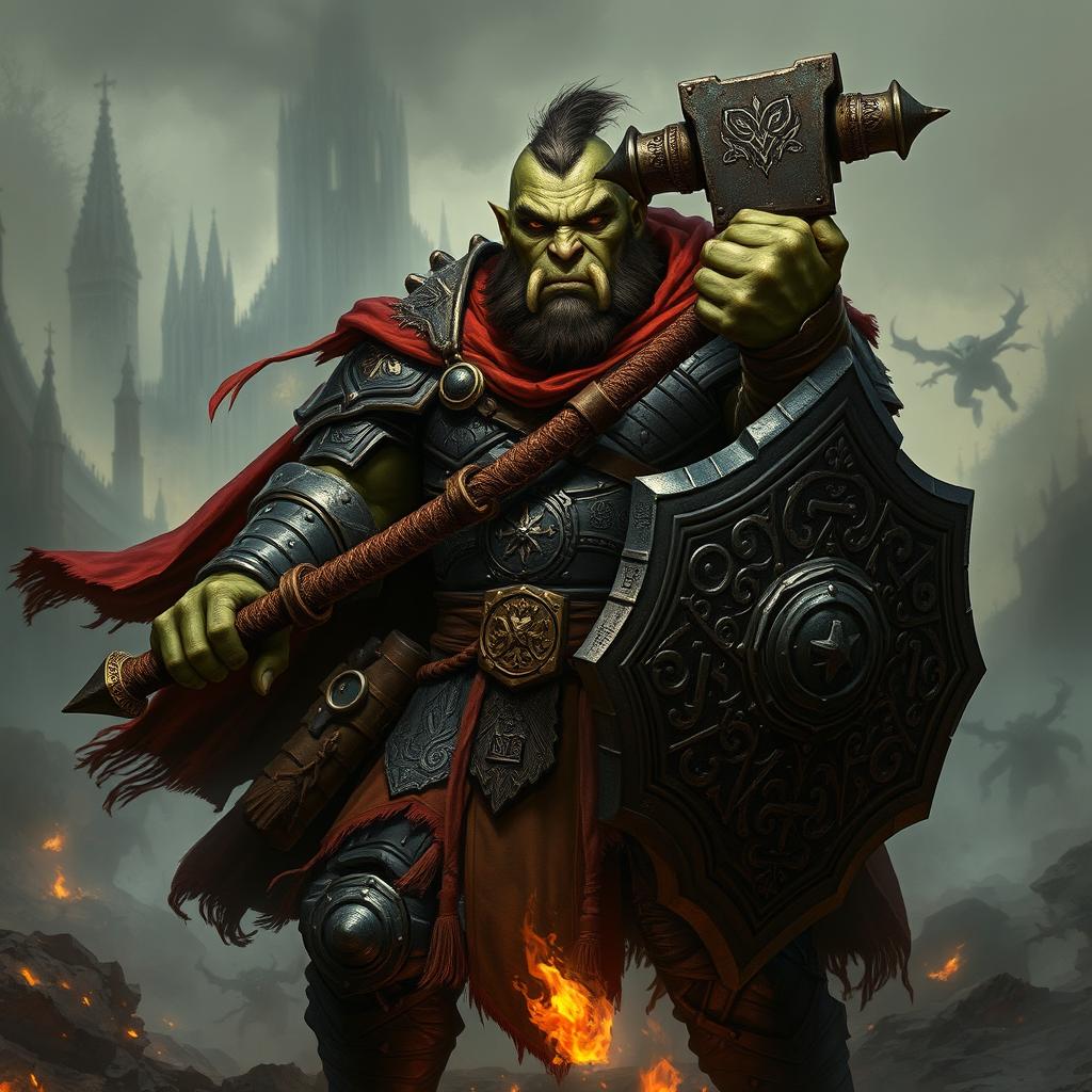 A dark fantasy-style illustration featuring a Half-Orc Paladin with a noble, battle-scarred face, appearing more human than orcish, characterized by faint tusks, captivating golden eyes, and weathered greenish-gray skin