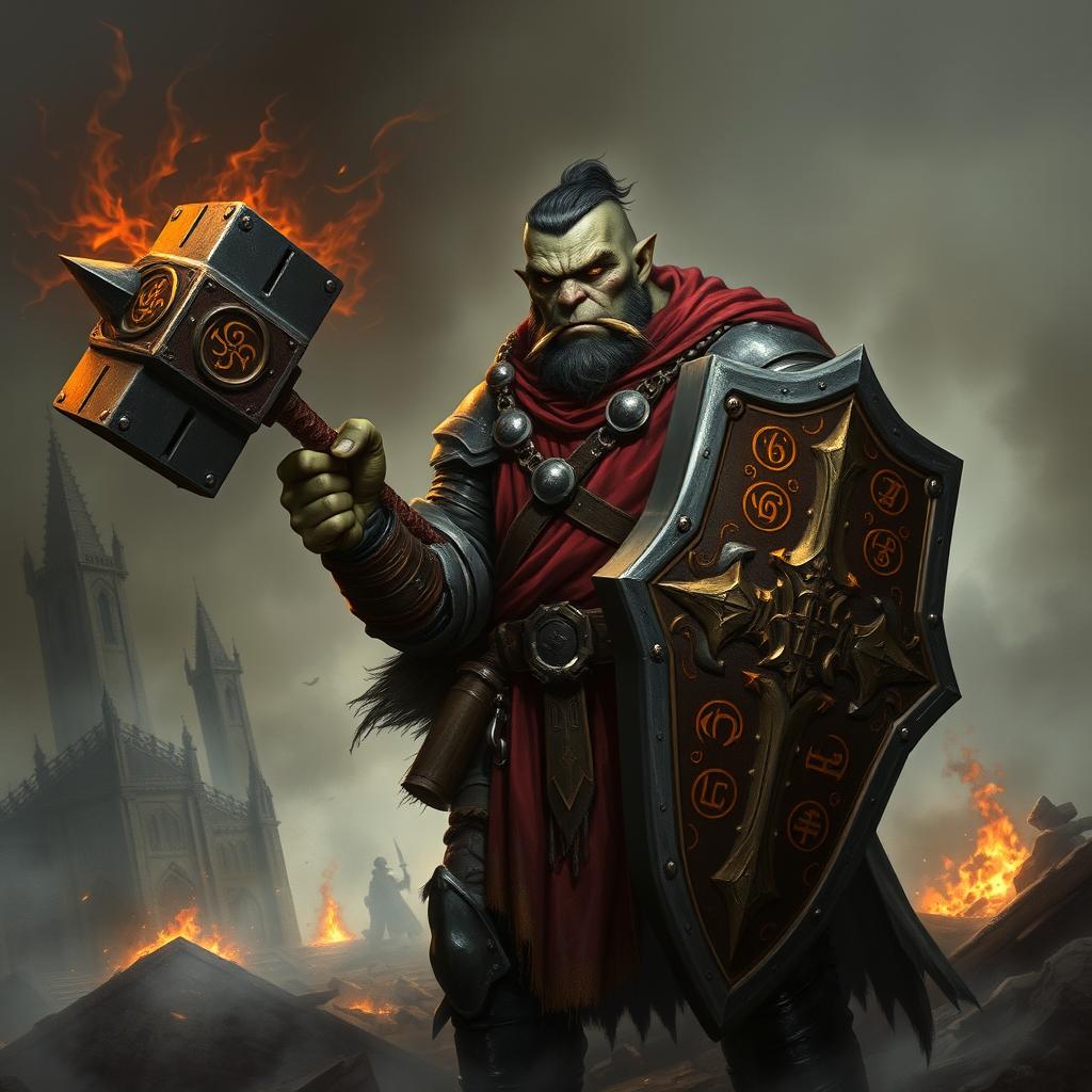 A dark fantasy-style illustration of a Half-Orc Paladin with a noble, battle-scarred face, appearing more human than orcish
