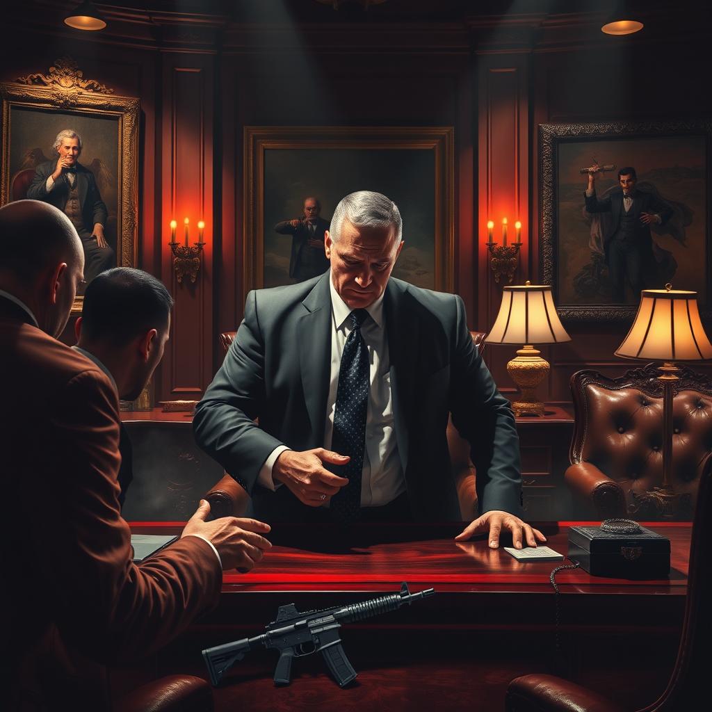 A dramatic scene depicting a powerful mafia boss entangled in a tense negotiation, surrounded by luxurious and lavish decor