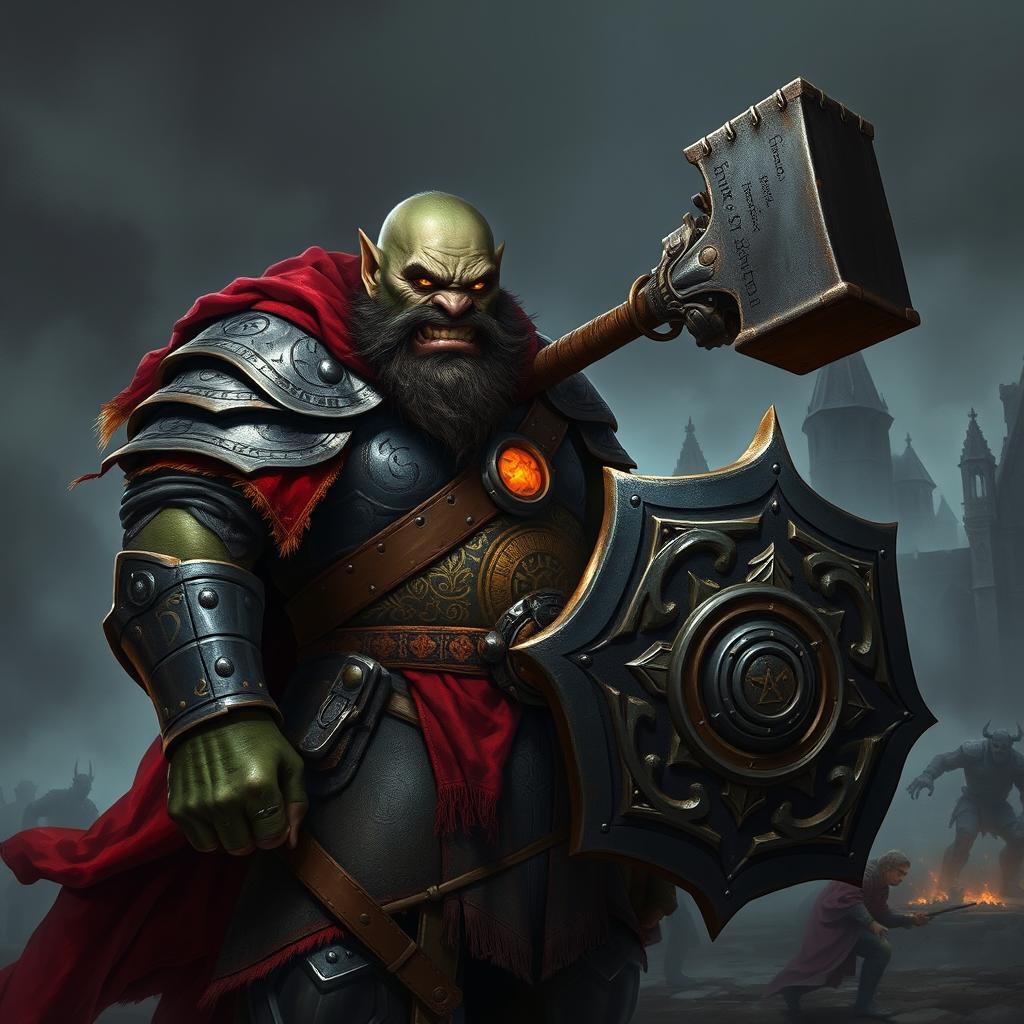 A dark fantasy-style illustration of a Half-Orc Paladin with a noble, battle-scarred face, more human than orcish, featuring faint tusks, golden eyes, and weathered greenish-gray skin