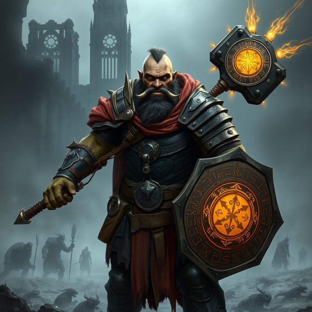A dark fantasy-style illustration of a Half-Orc Paladin with a noble and battle-scarred face, featuring more human traits than orcish, with faint tusks, golden eyes, and weathered greenish-gray skin