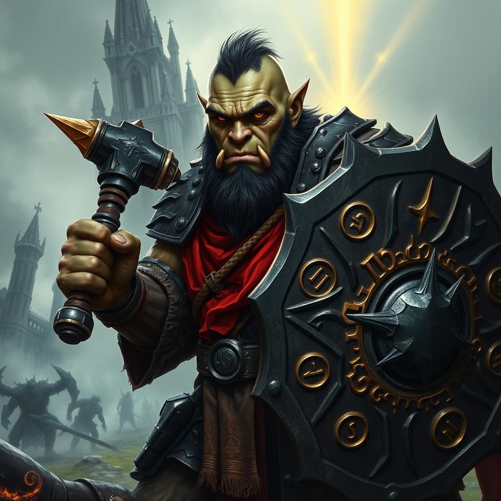 A dark fantasy illustration of a Half-Orc Paladin possessing a noble, battle-scarred face that appears more human than orcish, featuring faint tusks and striking golden eyes against weathered greenish-gray skin