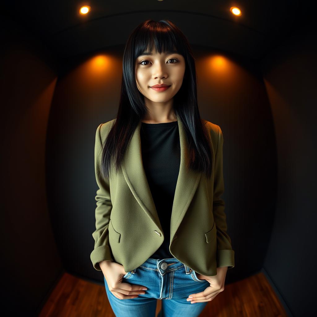 A stunning portrait of a young Thai woman with straight black hair and a faint smile, standing confidently in a modern room