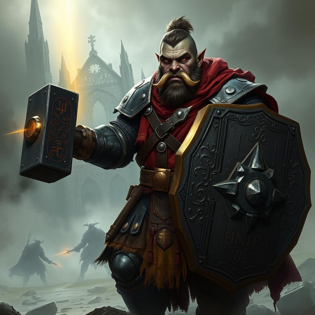 A dark fantasy-style illustration featuring a Half-Orc Paladin with a noble, battle-scarred face that appears more human than orcish, characterized by faint tusks, golden eyes, and weathered greenish-gray skin