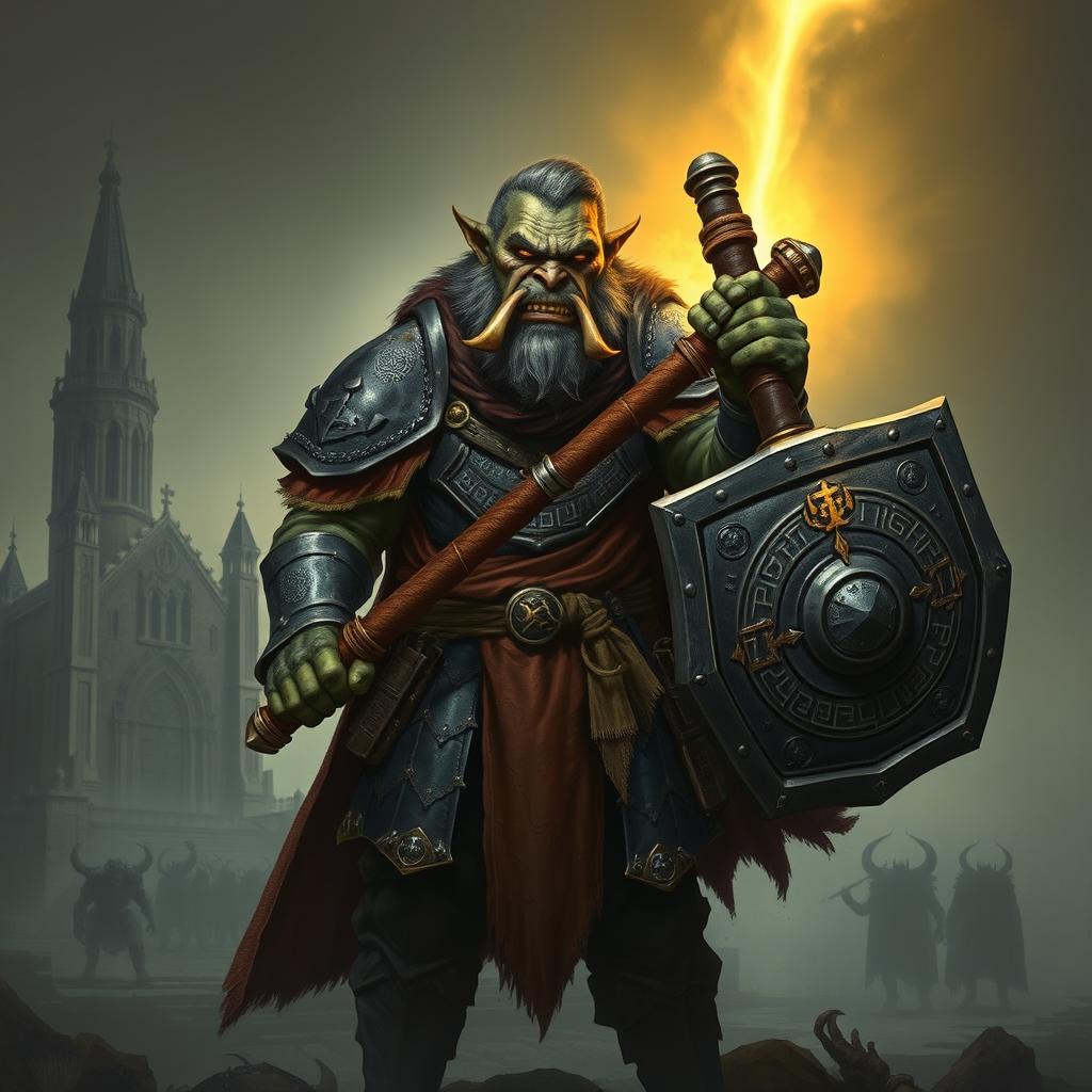 A dark fantasy-style illustration of a Half-Orc Paladin with a noble, battle-scarred face that appears more human than orcish, featuring faint tusks, golden eyes, and weathered greenish-gray skin