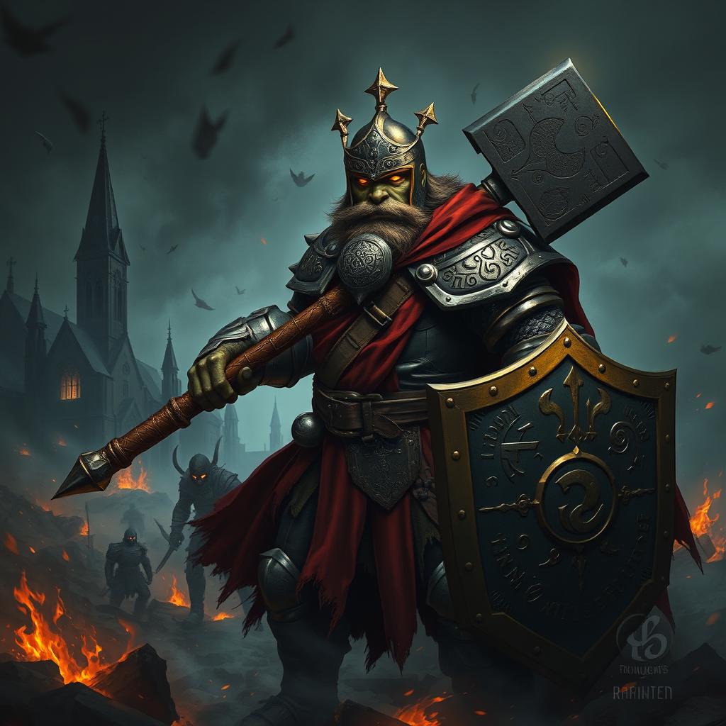 A dark fantasy-style illustration of a Half-Orc Paladin clad in worn yet ornate plate armor, featuring a crimson-and-gold tabard and a tattered cloak