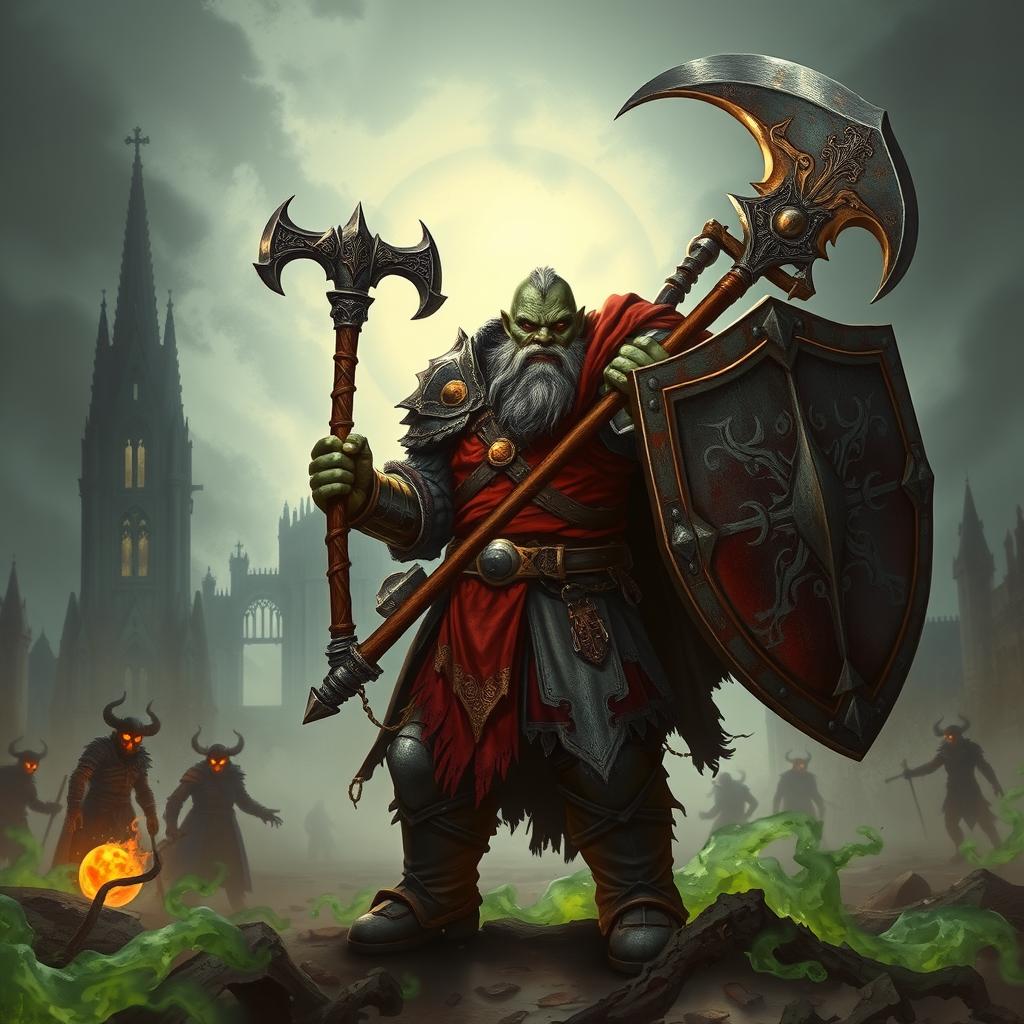A dark fantasy-style illustration of a Half-Orc Paladin clad in worn yet ornate plate armor, featuring a crimson-and-gold tabard and a tattered cloak