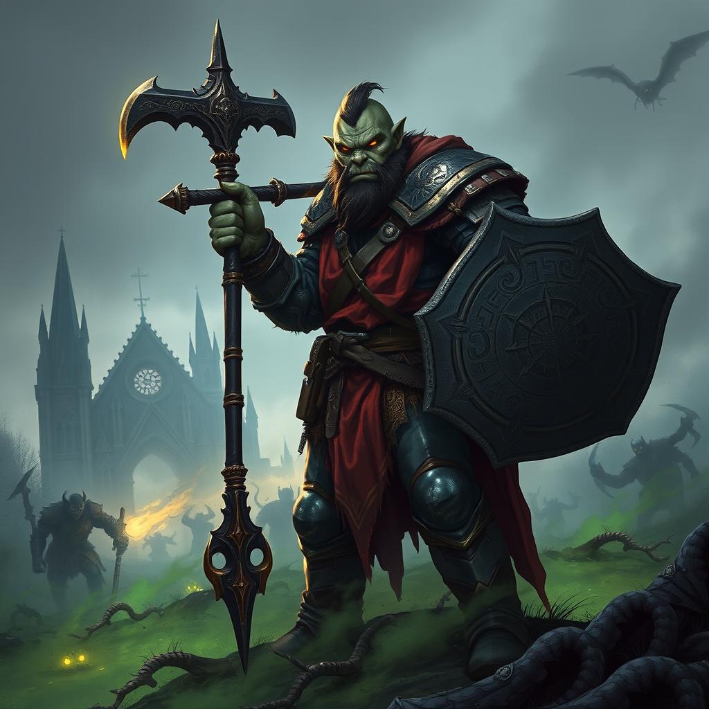 A dark fantasy illustration of a Half-Orc Paladin standing in a foggy battlefield