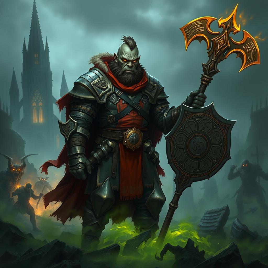 A dark fantasy illustration of a Half-Orc Paladin standing in a fog-shrouded battlefield