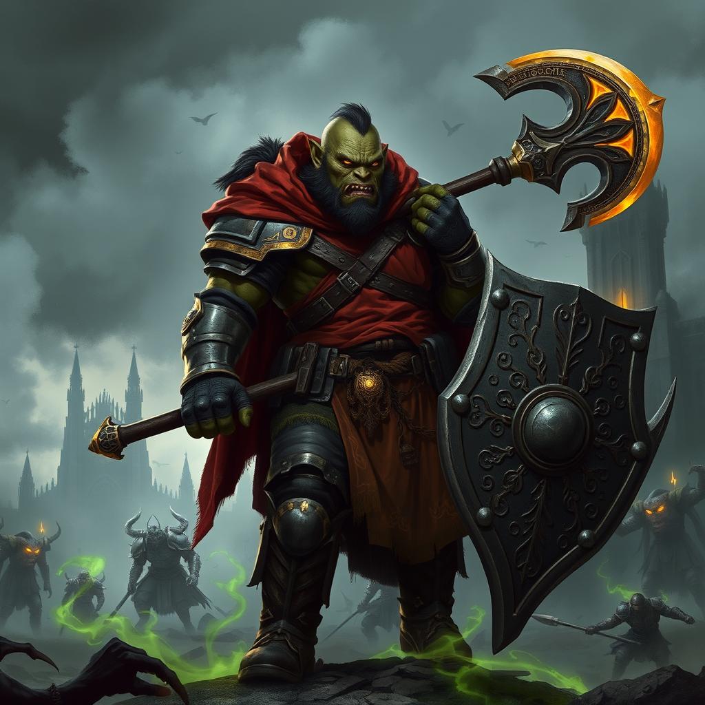 A dark fantasy-style illustration featuring a Half-Orc Paladin in worn yet ornate plate armor, adorned with a splendid crimson-and-gold tabard and a tattered cloak