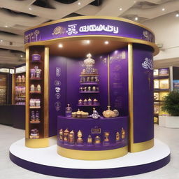 A 240x160x150 cm Cadbury stand fusing smart design with Ramadan allure. It features Islamic-inspired shapes, glass panels, and soft lighting embracing shelves adorned with Ramadan lanterns, signifying a tantalizing blend of innovation and chocolate indulgence.