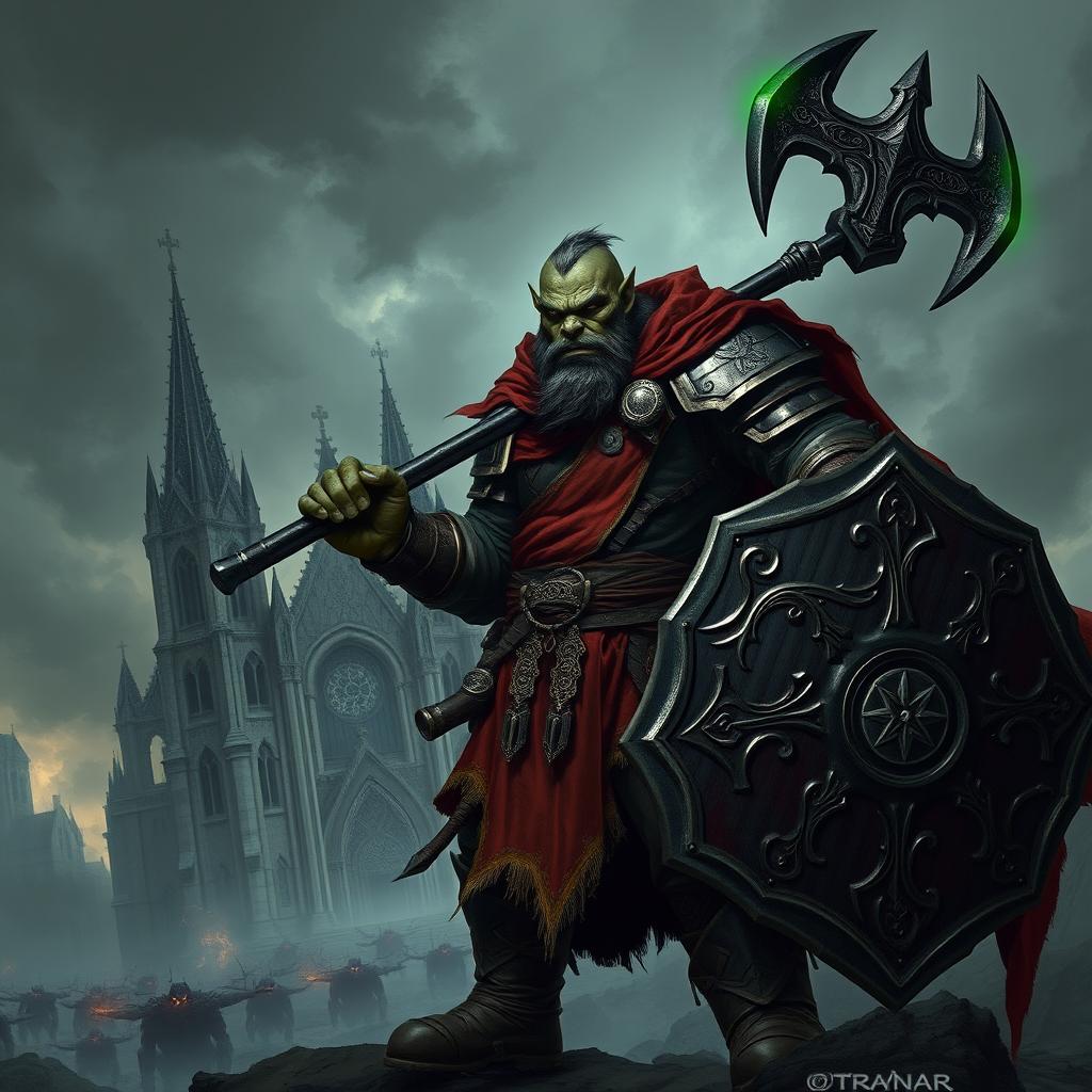 A dark fantasy-style illustration of a Half-Orc Paladin