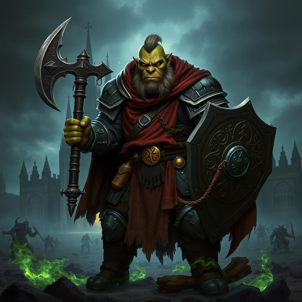 A dark fantasy-style illustration of a Half-Orc Paladin clad in worn yet ornate plate armor, featuring a crimson-and-gold tabard and a tattered cloak