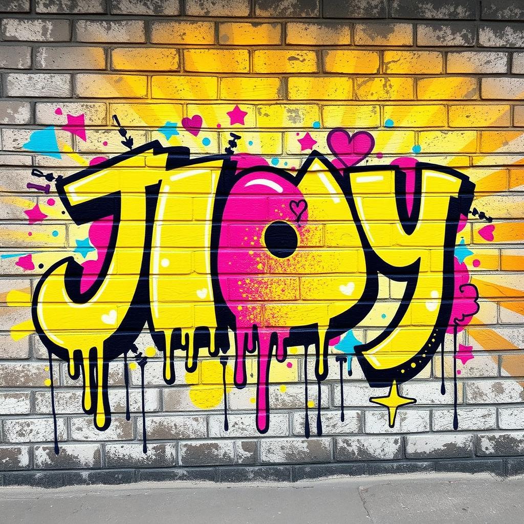 A vibrant graffiti mural featuring the word 'Joy' in bold, colorful letters