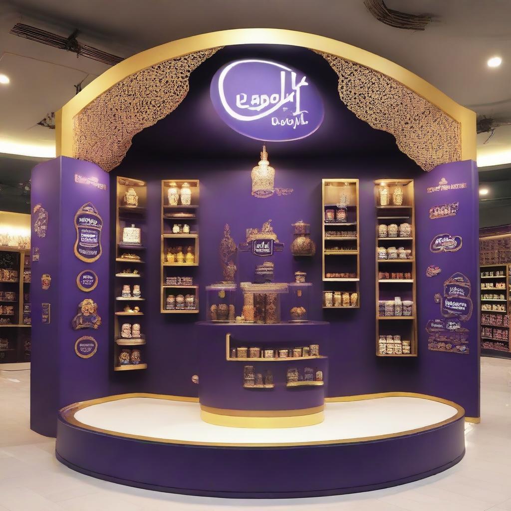 A 240x160x150 cm Cadbury stand fusing smart design with Ramadan allure. It features Islamic-inspired shapes, glass panels, and soft lighting embracing shelves adorned with Ramadan lanterns, signifying a tantalizing blend of innovation and chocolate indulgence.