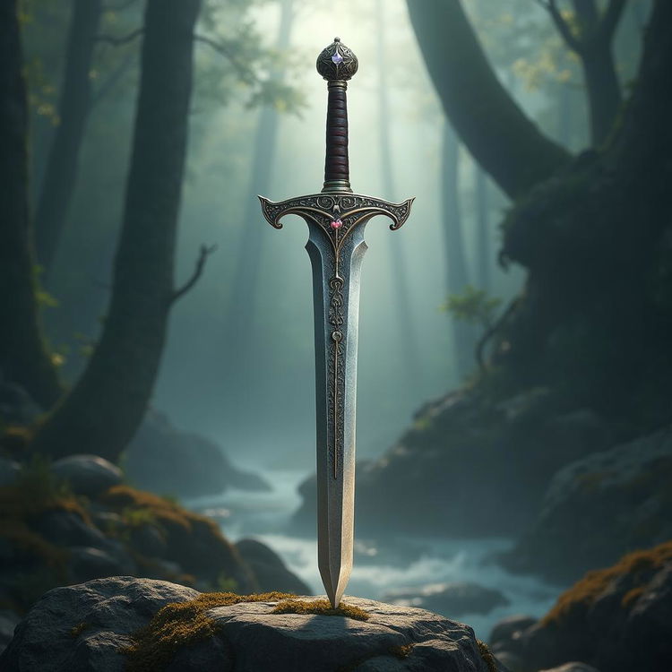 A beautifully crafted battle sword, featuring an ornate hilt, gleaming blade with intricate engravings, and a polished wooden grip