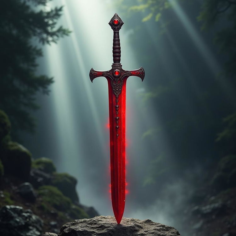 A beautifully crafted red battle sword, featuring an ornate hilt, a gleaming crimson blade with intricate engravings, and a polished wooden grip