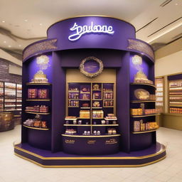 A 240x160x150 cm Cadbury stand fusing smart design with Ramadan allure. It features Islamic-inspired shapes, glass panels, and soft lighting embracing shelves adorned with Ramadan lanterns, signifying a tantalizing blend of innovation and chocolate indulgence.