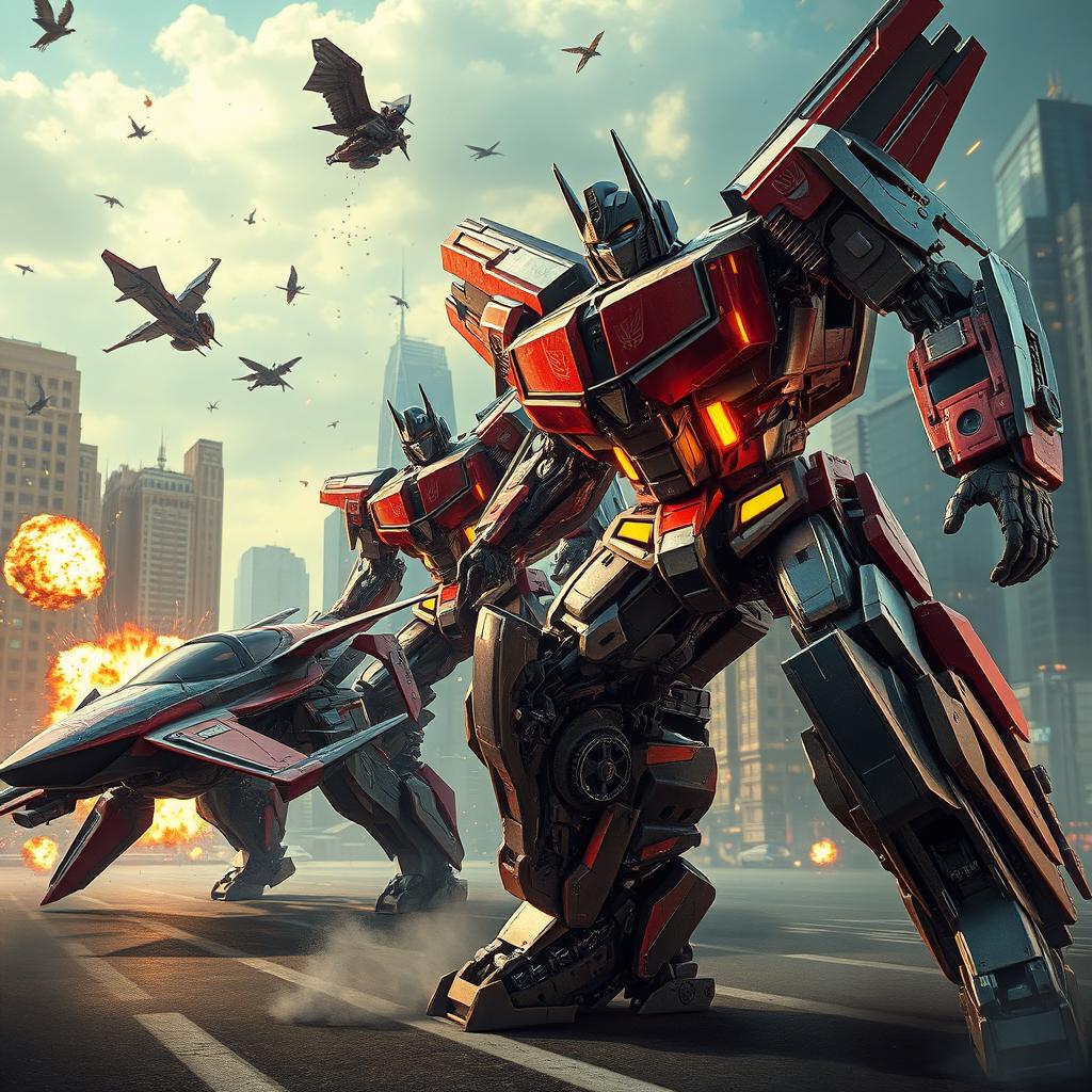 A dynamic scene depicting robots transforming into sleek vehicles, reminiscent of the Transformers franchise