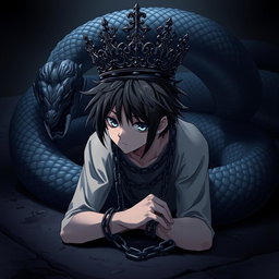 An anime-style illustration of a young man with striking black hair and vivid white pupils surrounded by deep black eyes