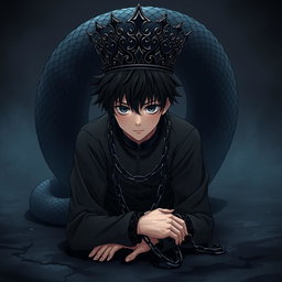 An anime-style illustration of a young man with striking black hair and vivid white pupils surrounded by deep black eyes