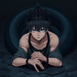 An anime-style illustration of a young man with striking black hair and vivid white pupils surrounded by deep black eyes