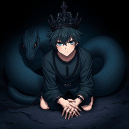 An anime-style illustration of a young man with striking black hair and vivid white pupils surrounded by deep black eyes