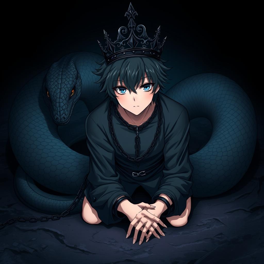 An anime-style illustration of a young man with striking black hair and vivid white pupils surrounded by deep black eyes