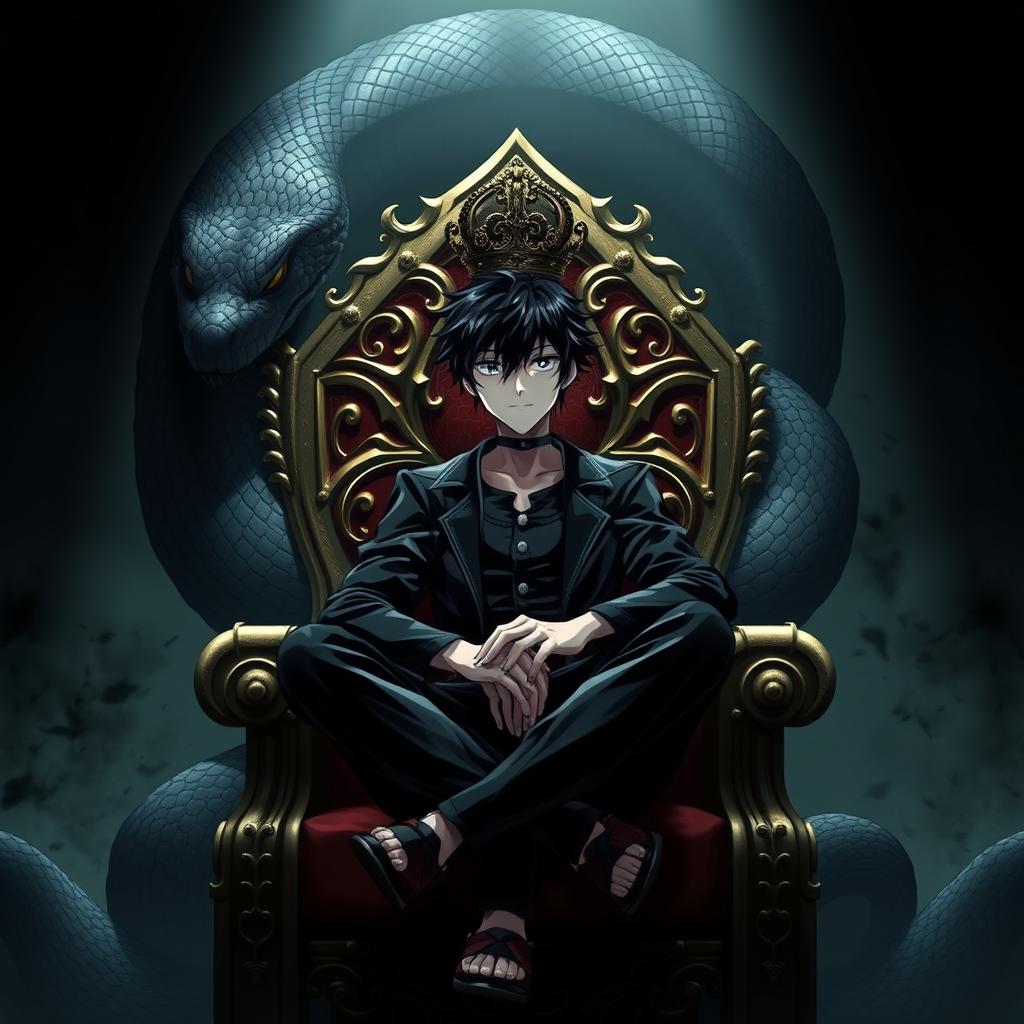 An anime guy with striking black hair and white pupils, sitting confidently on an ornate throne with legs crossed