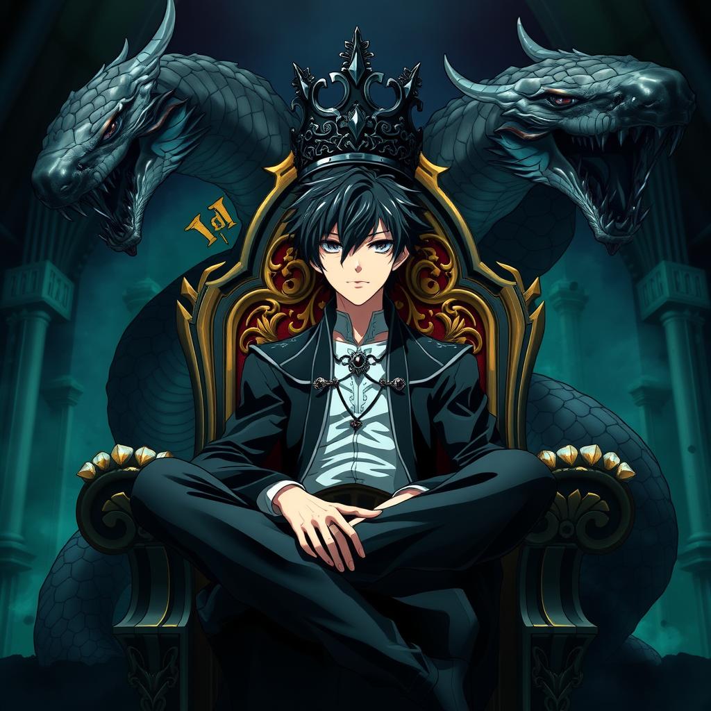 An anime-style scene featuring a striking young man with black hair and white pupils, seated on an ornate throne with his legs crossed