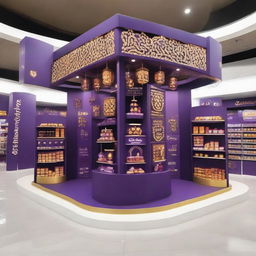 A 240x160x150 cm Cadbury stand fusing smart design with Ramadan allure. It features Islamic-inspired shapes, glass panels, and soft lighting embracing shelves adorned with Ramadan lanterns, signifying a tantalizing blend of innovation and chocolate indulgence.