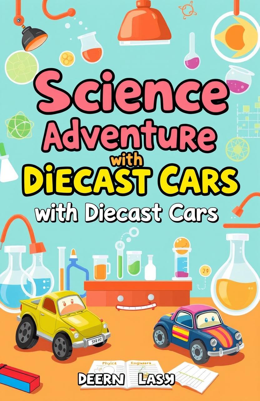 A creatively designed learning lab book cover for students, featuring vibrant illustrations of various diecast cars engaging in scientific activities