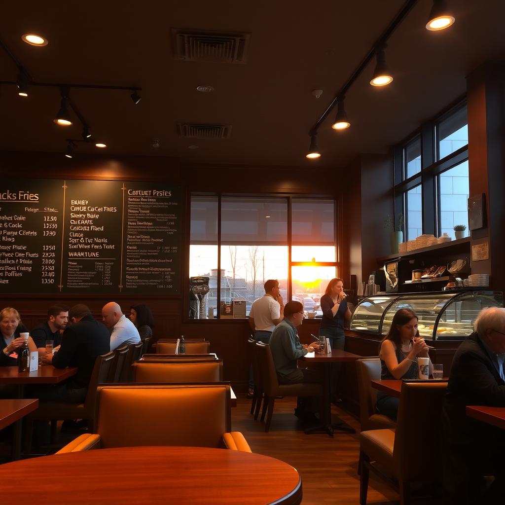 A cozy Starbucks coffee shop in the evening, with warm ambient lighting and comfortable seating