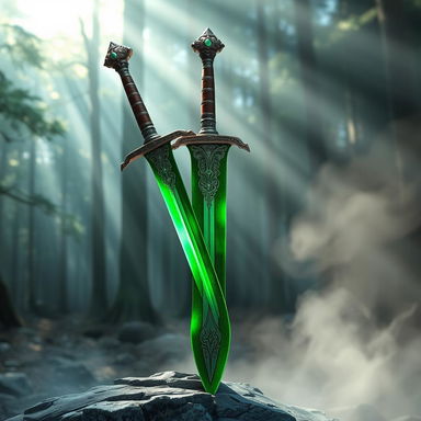 A beautifully crafted green battle sword, featuring an ornate hilt, a gleaming emerald blade with intricate engravings, and a polished wooden grip