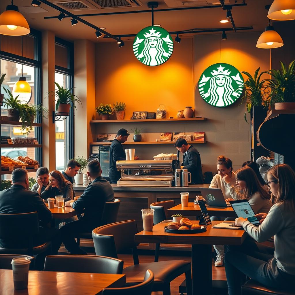 A cozy, inviting Starbucks coffee shop interior with warm lighting, comfortable seating, and a variety of colorful pastries displayed