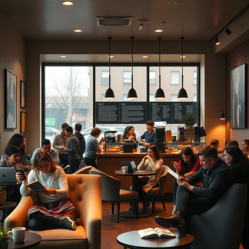 A cozy Starbucks coffee shop scene, with a warm atmosphere filled with soft lighting
