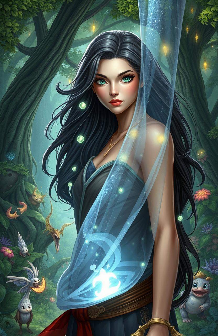 A captivating fantasy scene featuring a strong female protagonist standing before a shimmering veil that separates two worlds, her expression a mix of determination and wonder