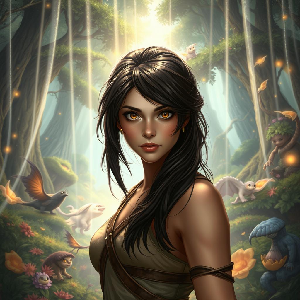 A captivating fantasy scene featuring a strong female protagonist with dark brown hair cascading down her shoulders and striking hazel eyes