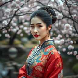 A stunning portrait of an elegant Asian woman dressed in traditional clothing, showcasing intricate embroidery and rich colors