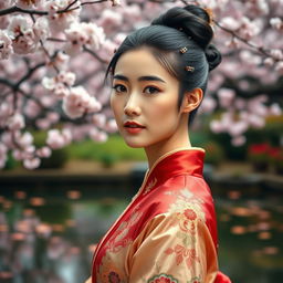 A stunning portrait of an elegant Asian woman dressed in traditional clothing, showcasing intricate embroidery and rich colors