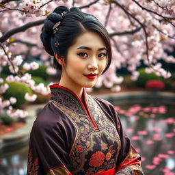 A stunning portrait of an elegant Asian woman dressed in traditional clothing, showcasing intricate embroidery and rich colors