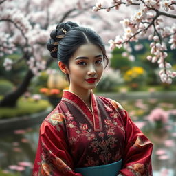 A stunning portrait of an elegant Asian woman dressed in traditional clothing, showcasing intricate embroidery and rich colors