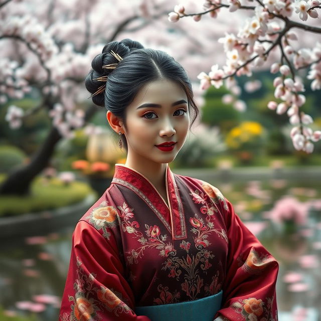 A stunning portrait of an elegant Asian woman dressed in traditional clothing, showcasing intricate embroidery and rich colors