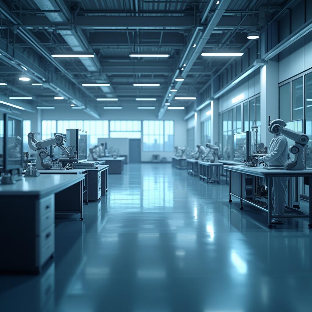 Create a modern and sophisticated scene centered on lithium-ion technologies and biotechnology, integrating a manufacturing aspect without any workers present