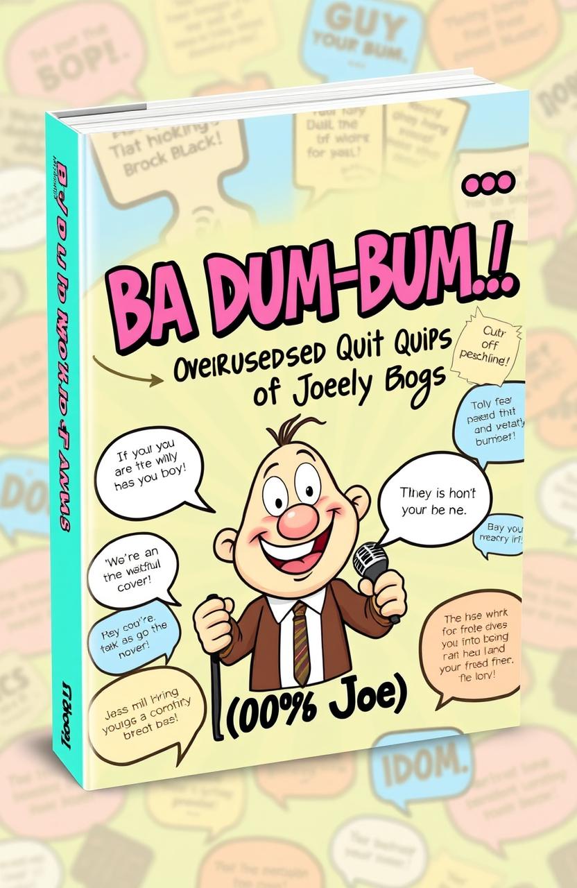 A humorous and lighthearted book cover design for 'Ba Dum-Bum… Overused Quips of Joey Bags' authored by (100% Joe)