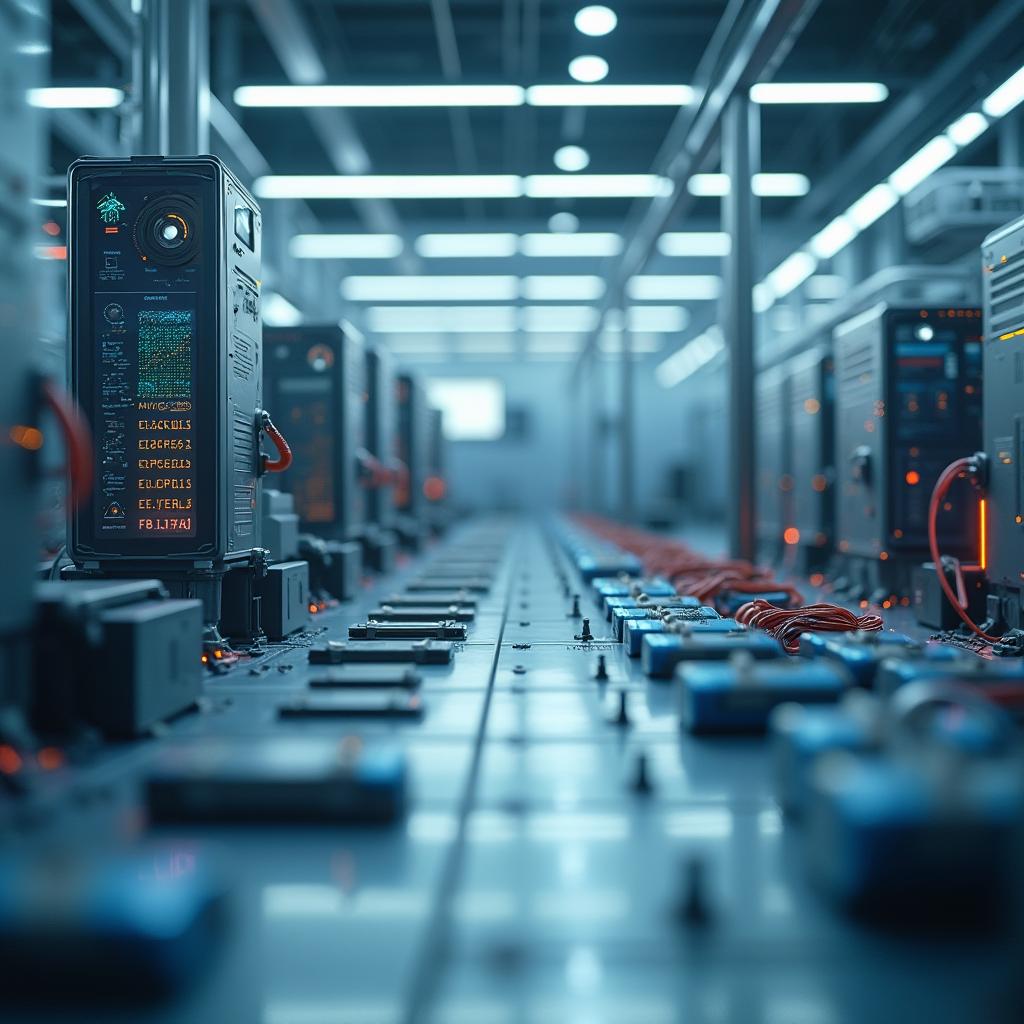 A modern and sophisticated scene centered on lithium-ion technologies and biotechnology, focusing on the production aspect without any workers present
