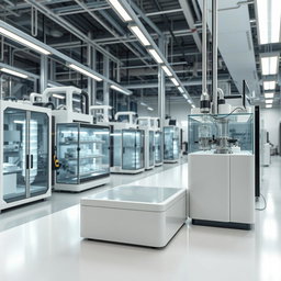 A contemporary and sophisticated scene combining lithium-ion technology and biotechnology, showcasing a high-tech production environment without any workers present