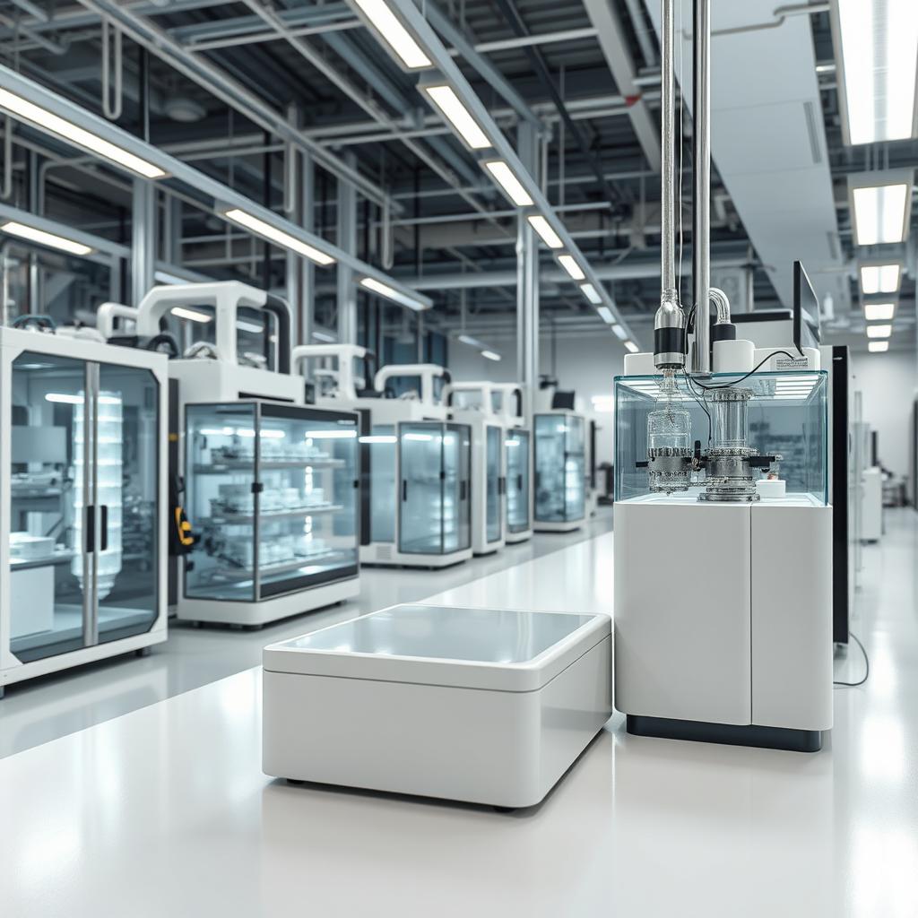 A contemporary and sophisticated scene combining lithium-ion technology and biotechnology, showcasing a high-tech production environment without any workers present