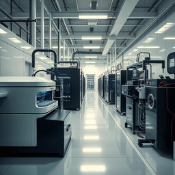 A contemporary and sophisticated scene combining lithium-ion technology and biotechnology, showcasing a high-tech production environment without any workers present