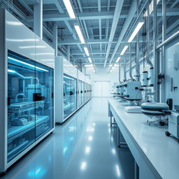 A contemporary and sophisticated scene combining lithium-ion technology and biotechnology, showcasing a high-tech production environment without any workers present